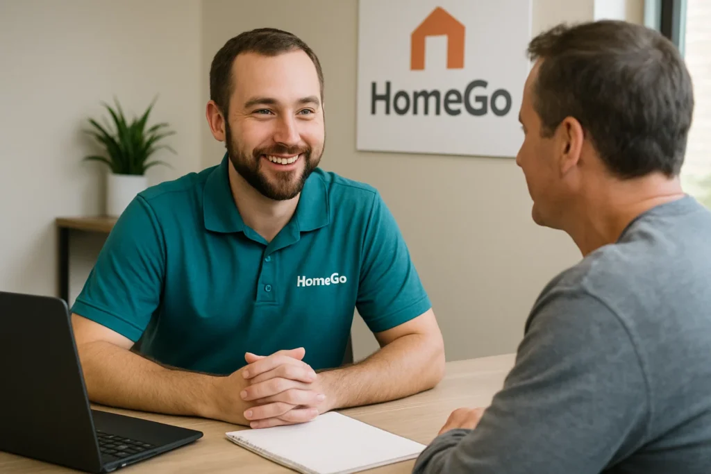 Persona de Alarmas Home Go explica a un cliente el catálogo de servicios