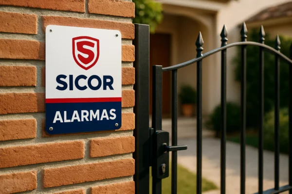 Cartel de SICOR Alarmas en la entrada de una vivienda