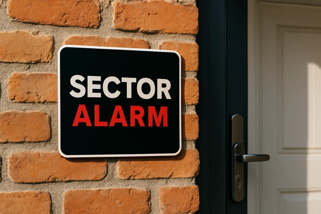 Cartel de alarma de Sector Alarm en la fachada de una vivienda